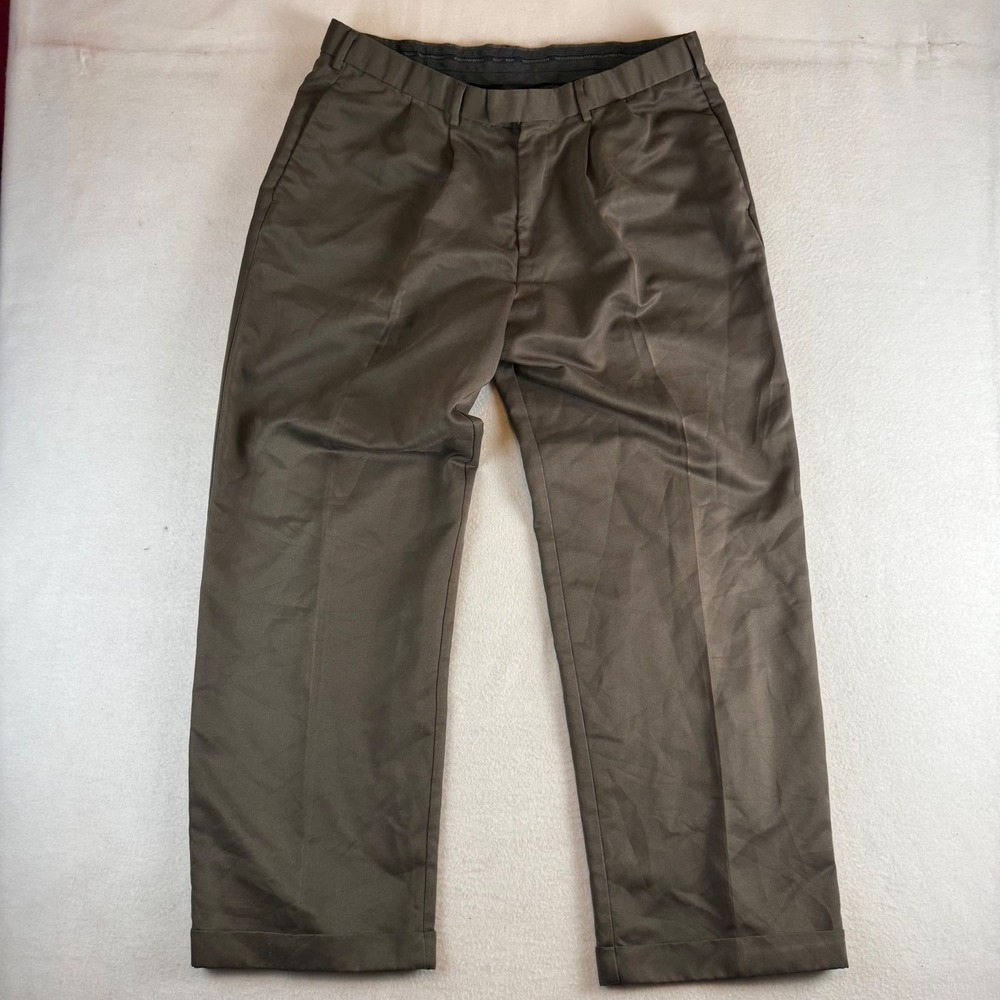 Dockers Mens Stain Defender Pleated Dress Pants Brown Microfiber 38x32 Cuffed